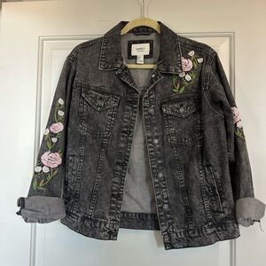 Charcoal Denim Jacket with Pink Floral Embroidery